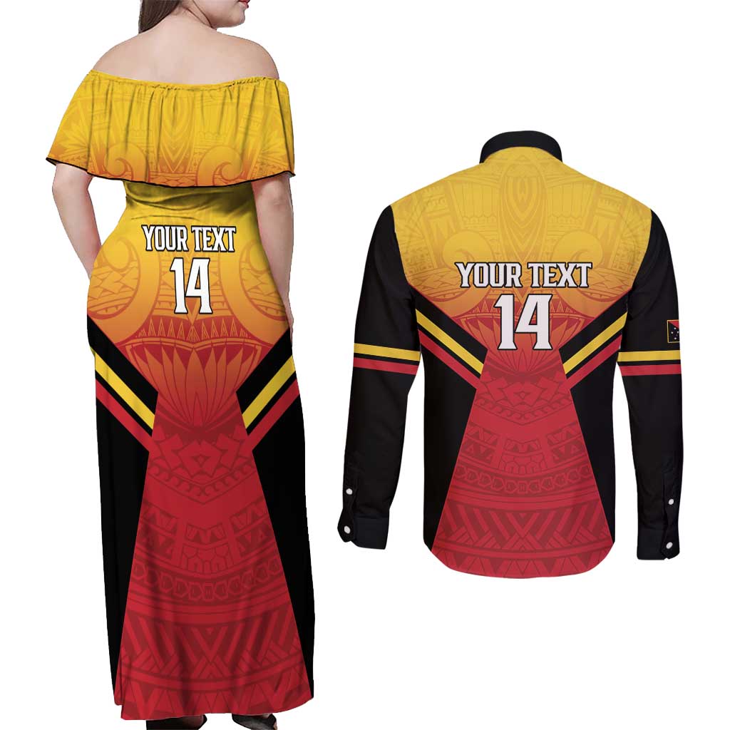 Papua New Guinea Rugby Custom Couples Matching Off Shoulder Maxi Dress and Long Sleeve Button Shirt Go PNG Hunters Polynesian Pattern - Polynesian Pride