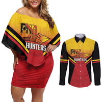 Papua New Guinea Rugby Custom Couples Matching Off Shoulder Short Dress and Long Sleeve Button Shirt Go PNG Hunters Polynesian Pattern - Polynesian Pride
