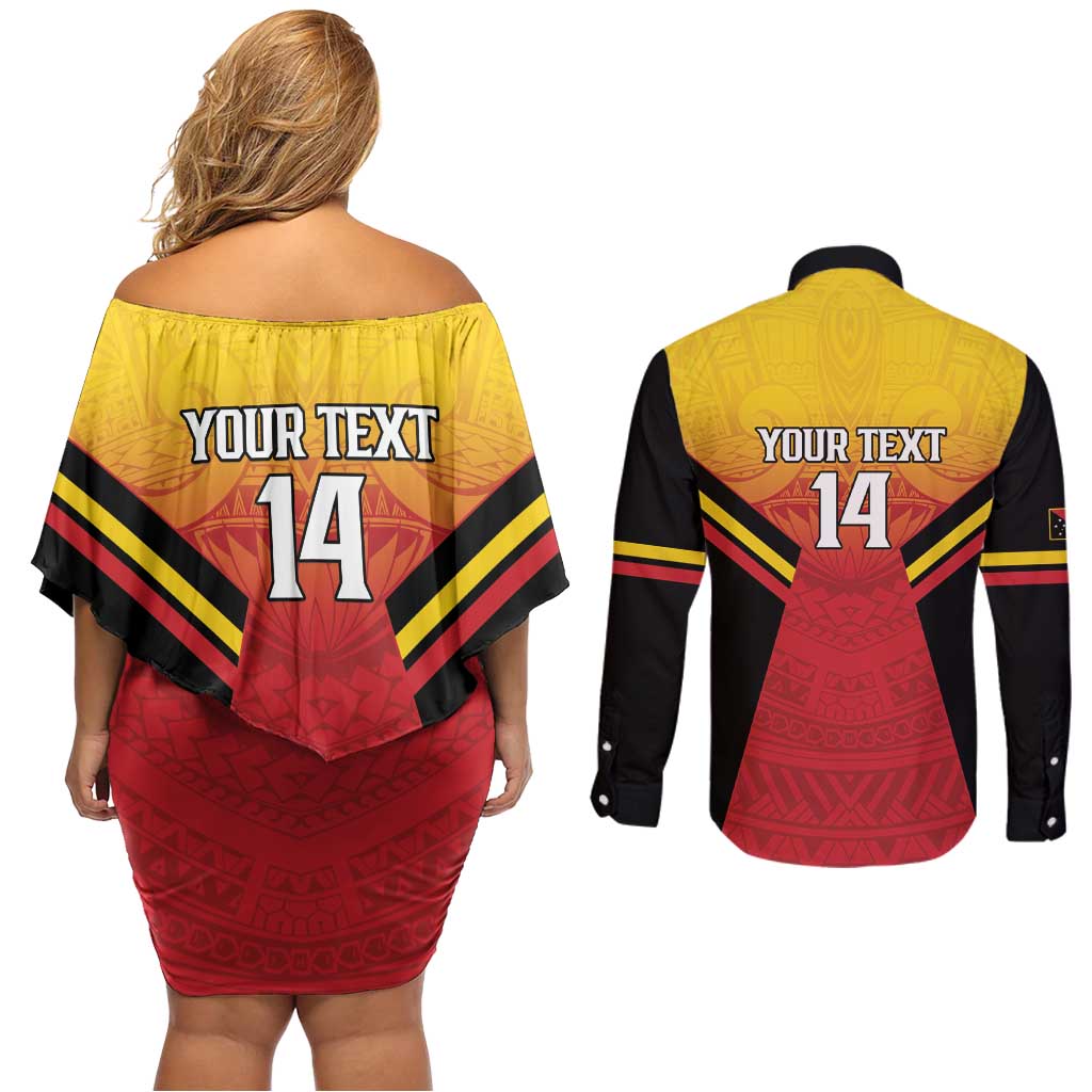 Papua New Guinea Rugby Custom Couples Matching Off Shoulder Short Dress and Long Sleeve Button Shirt Go PNG Hunters Polynesian Pattern - Polynesian Pride