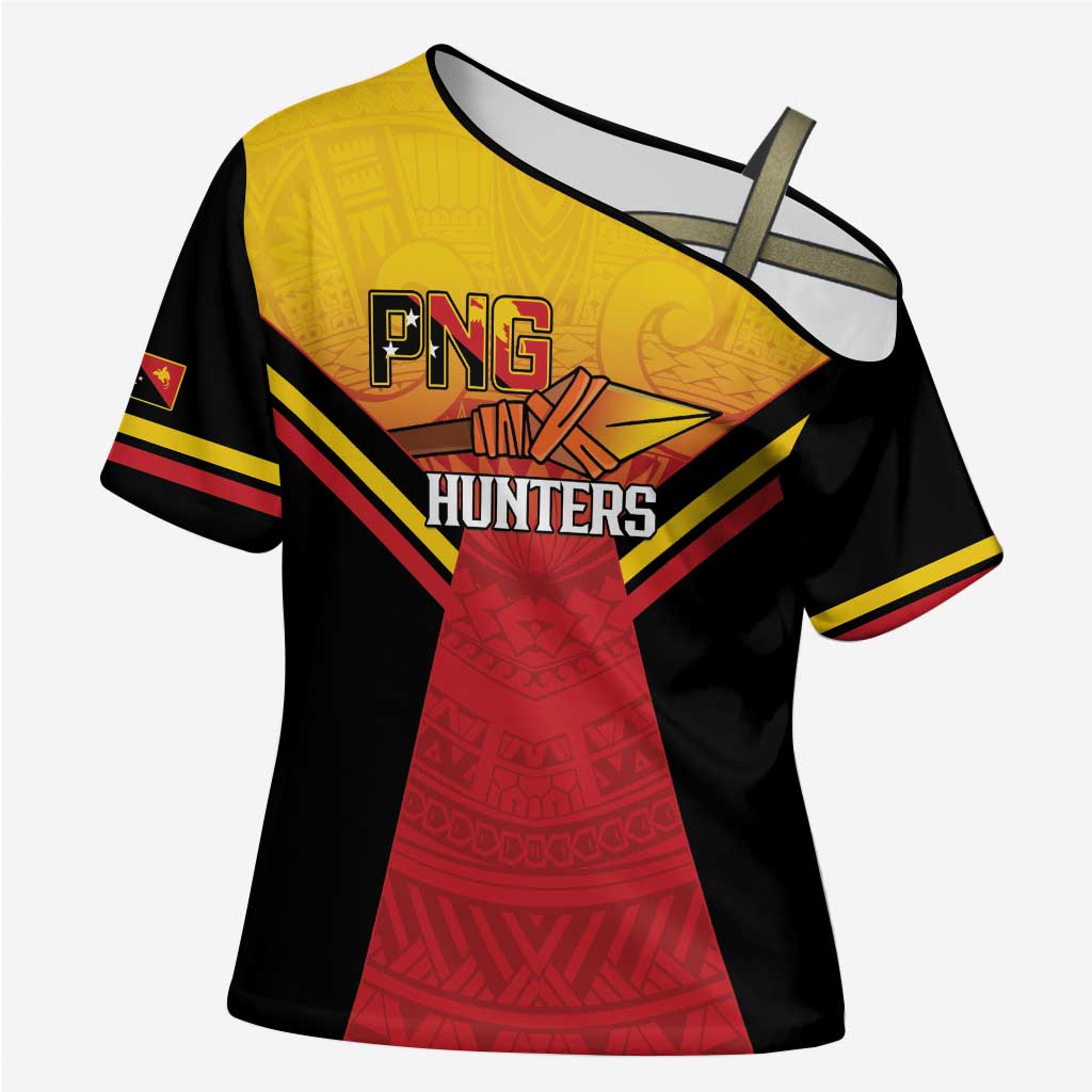 Papua New Guinea Rugby Custom Cross Shoulder Shirt Go PNG Hunters Polynesian Pattern LT14 Female Red - Polynesian Pride