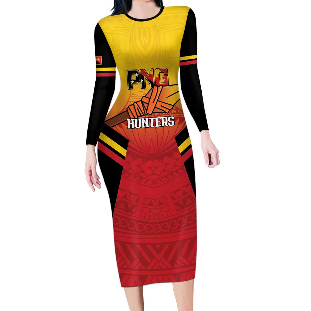 Papua New Guinea Rugby Custom Family Matching Long Sleeve Bodycon Dress and Hawaiian Shirt Go PNG Hunters Polynesian Pattern - Polynesian Pride