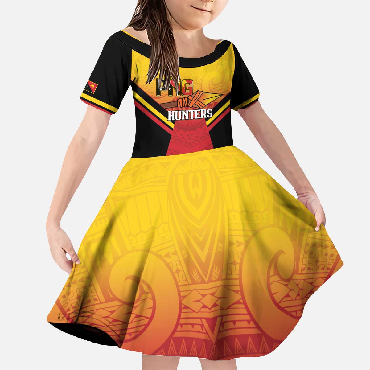 Papua New Guinea Rugby Custom Family Matching Off The Shoulder Long Sleeve Dress and Hawaiian Shirt Go PNG Hunters Polynesian Pattern - Polynesian Pride