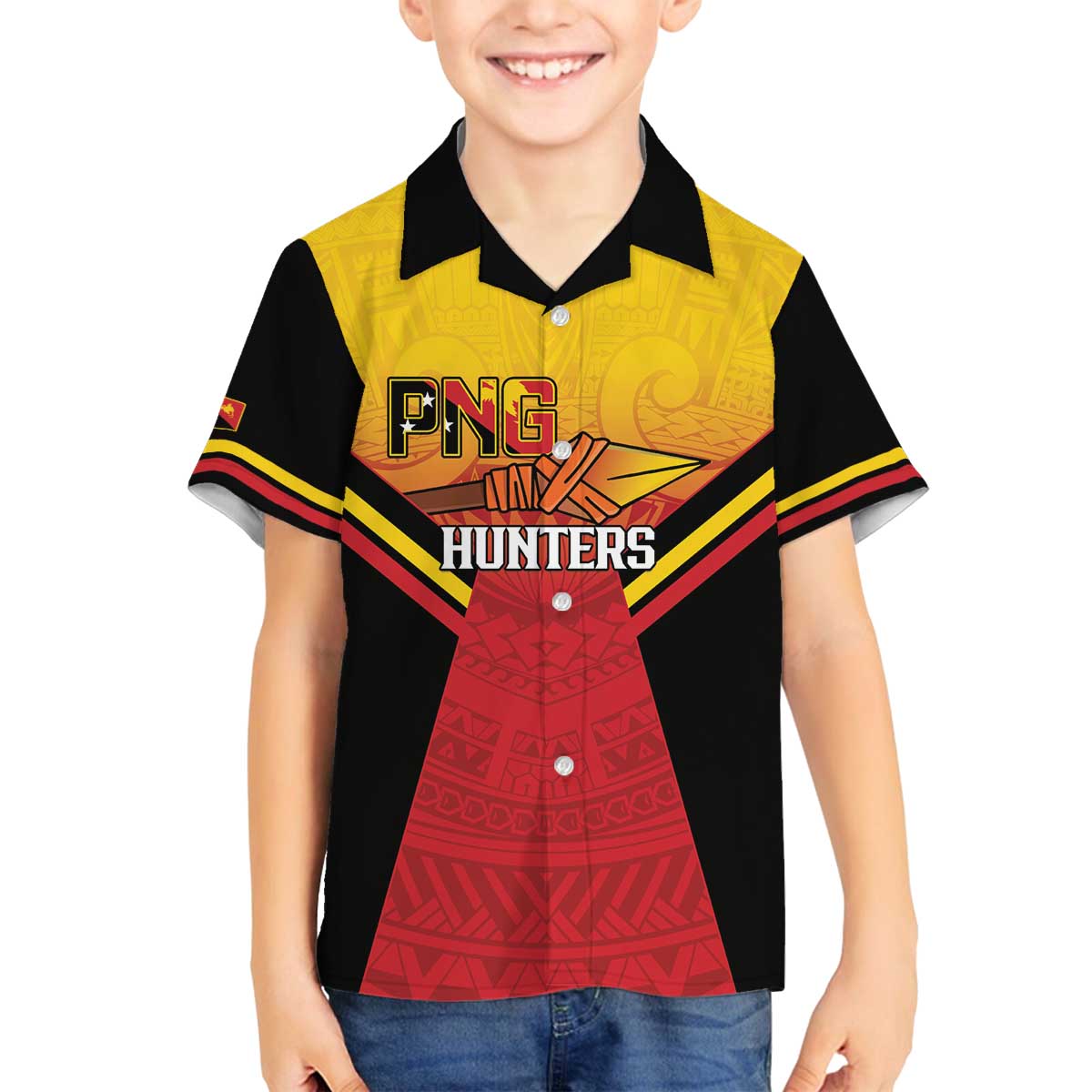 Papua New Guinea Rugby Custom Family Matching Off The Shoulder Long Sleeve Dress and Hawaiian Shirt Go PNG Hunters Polynesian Pattern - Polynesian Pride