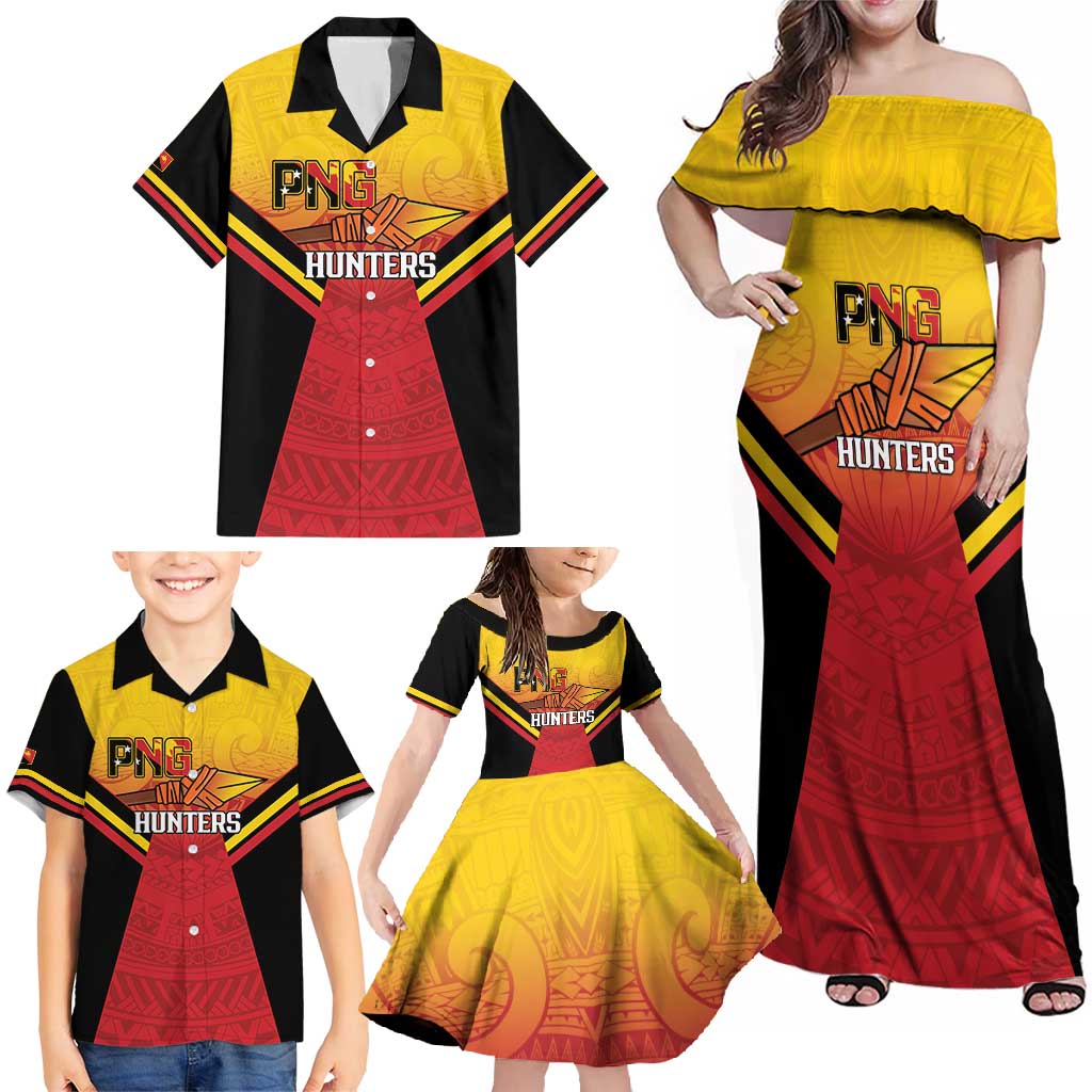 Papua New Guinea Rugby Custom Family Matching Off Shoulder Maxi Dress and Hawaiian Shirt Go PNG Hunters Polynesian Pattern - Polynesian Pride