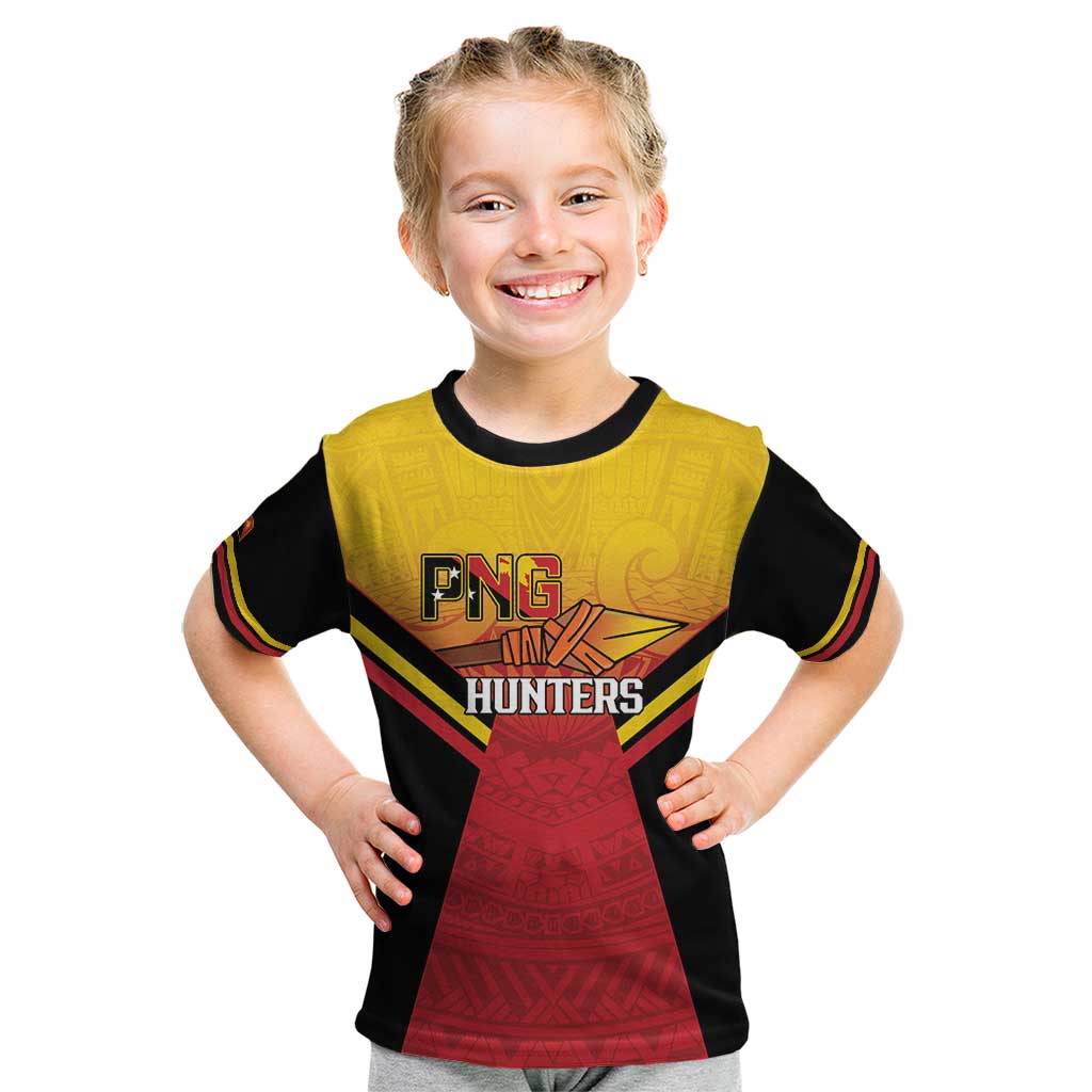 Papua New Guinea Rugby Custom Kid T Shirt Go PNG Hunters Polynesian Pattern - Polynesian Pride