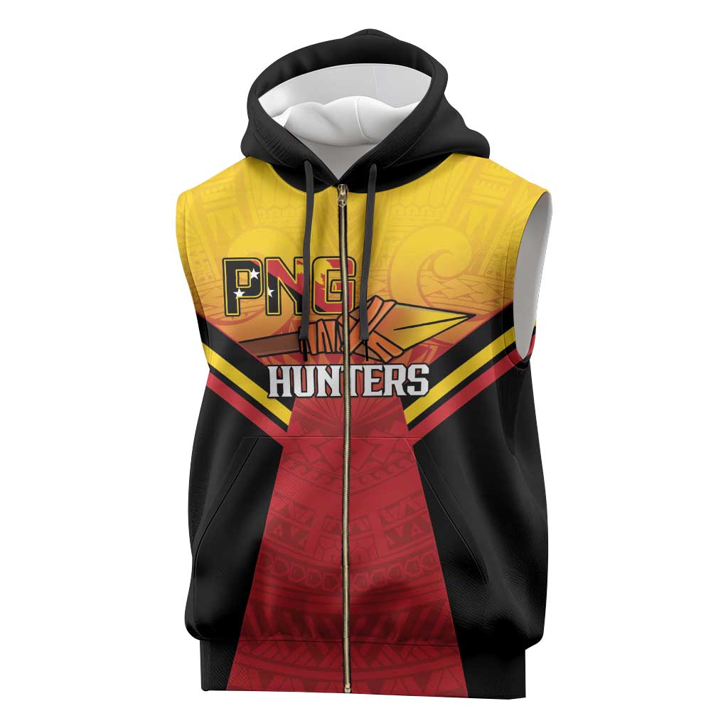 Papua New Guinea Rugby Custom Sleeveless Zip Hoodie Go PNG Hunters Polynesian Pattern - Polynesian Pride