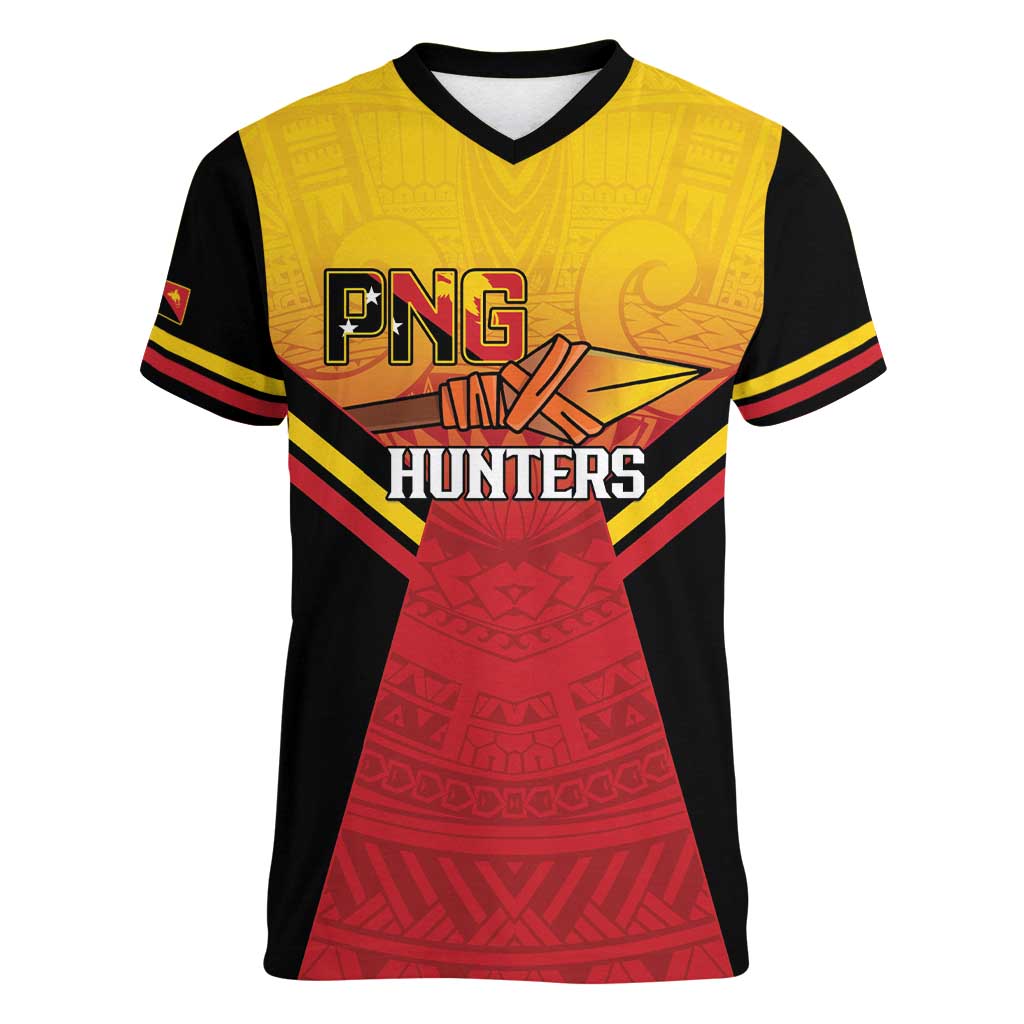 Papua New Guinea Rugby Custom Women V-Neck T-Shirt Go PNG Hunters Polynesian Pattern - Polynesian Pride