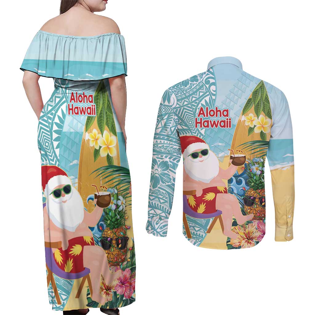 Aloha Hawaii Mele Kalikimaka Couples Matching Off Shoulder Maxi Dress and Long Sleeve Button Shirt Chilling Santa With Pineapple - Polynesian Pattern LT14 - Polynesian Pride