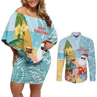 Aloha Hawaii Mele Kalikimaka Couples Matching Off Shoulder Short Dress and Long Sleeve Button Shirt Chilling Santa With Pineapple - Polynesian Pattern LT14 Cyan - Polynesian Pride