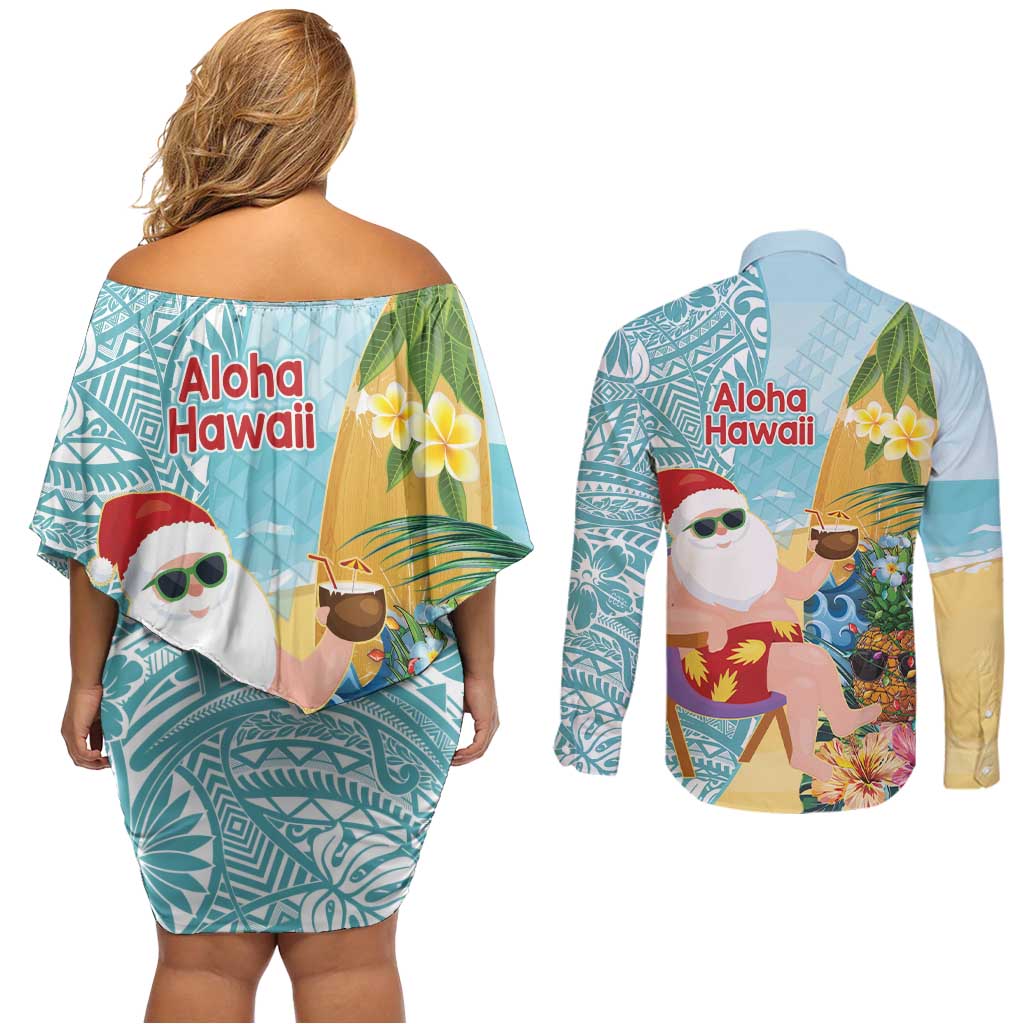 Aloha Hawaii Mele Kalikimaka Couples Matching Off Shoulder Short Dress and Long Sleeve Button Shirt Chilling Santa With Pineapple - Polynesian Pattern LT14 - Polynesian Pride