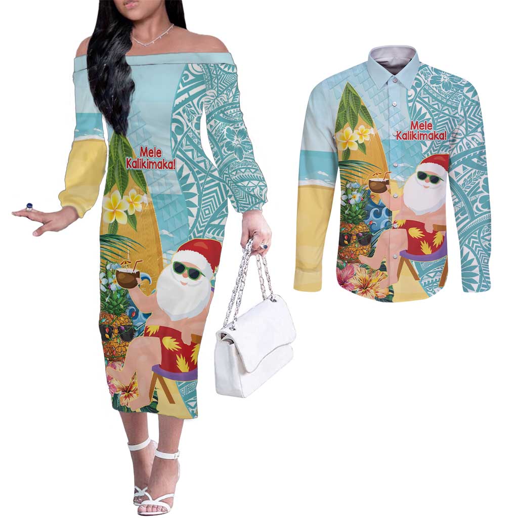 Aloha Hawaii Mele Kalikimaka Couples Matching Off The Shoulder Long Sleeve Dress and Long Sleeve Button Shirt Chilling Santa With Pineapple - Polynesian Pattern LT14 Cyan - Polynesian Pride