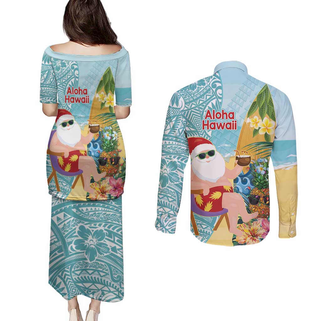 Aloha Hawaii Mele Kalikimaka Couples Matching Puletasi and Long Sleeve Button Shirt Chilling Santa With Pineapple - Polynesian Pattern LT14 - Polynesian Pride