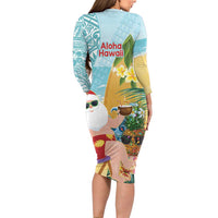 Aloha Hawaii Mele Kalikimaka Family Matching Long Sleeve Bodycon Dress and Hawaiian Shirt Chilling Santa With Pineapple - Polynesian Pattern