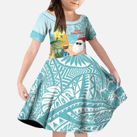 Aloha Hawaii Mele Kalikimaka Family Matching Mermaid Dress and Hawaiian Shirt Chilling Santa With Pineapple - Polynesian Pattern LT14 Daughter's Dress Cyan - Polynesian Pride