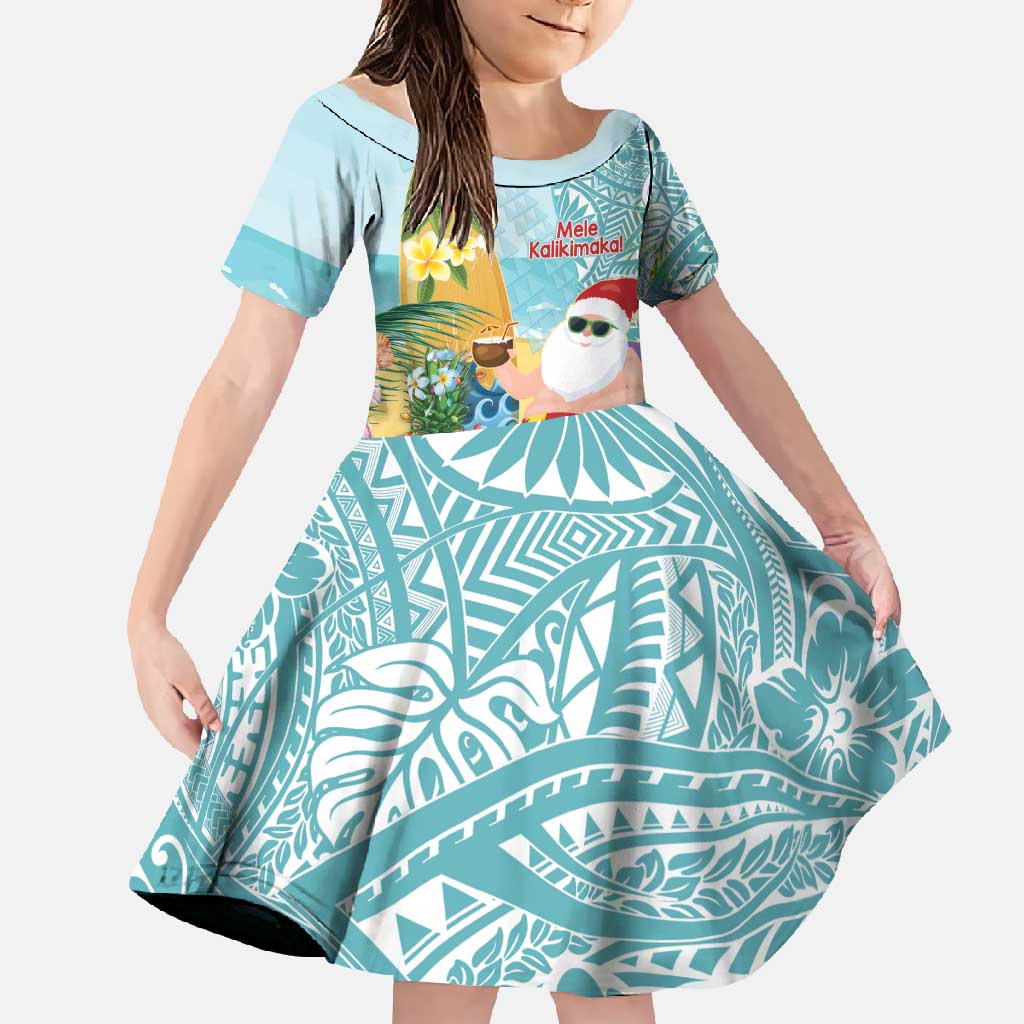 Aloha Hawaii Mele Kalikimaka Family Matching Summer Maxi Dress and Hawaiian Shirt Chilling Santa With Pineapple - Polynesian Pattern LT14 Daughter's Dress Cyan - Polynesian Pride