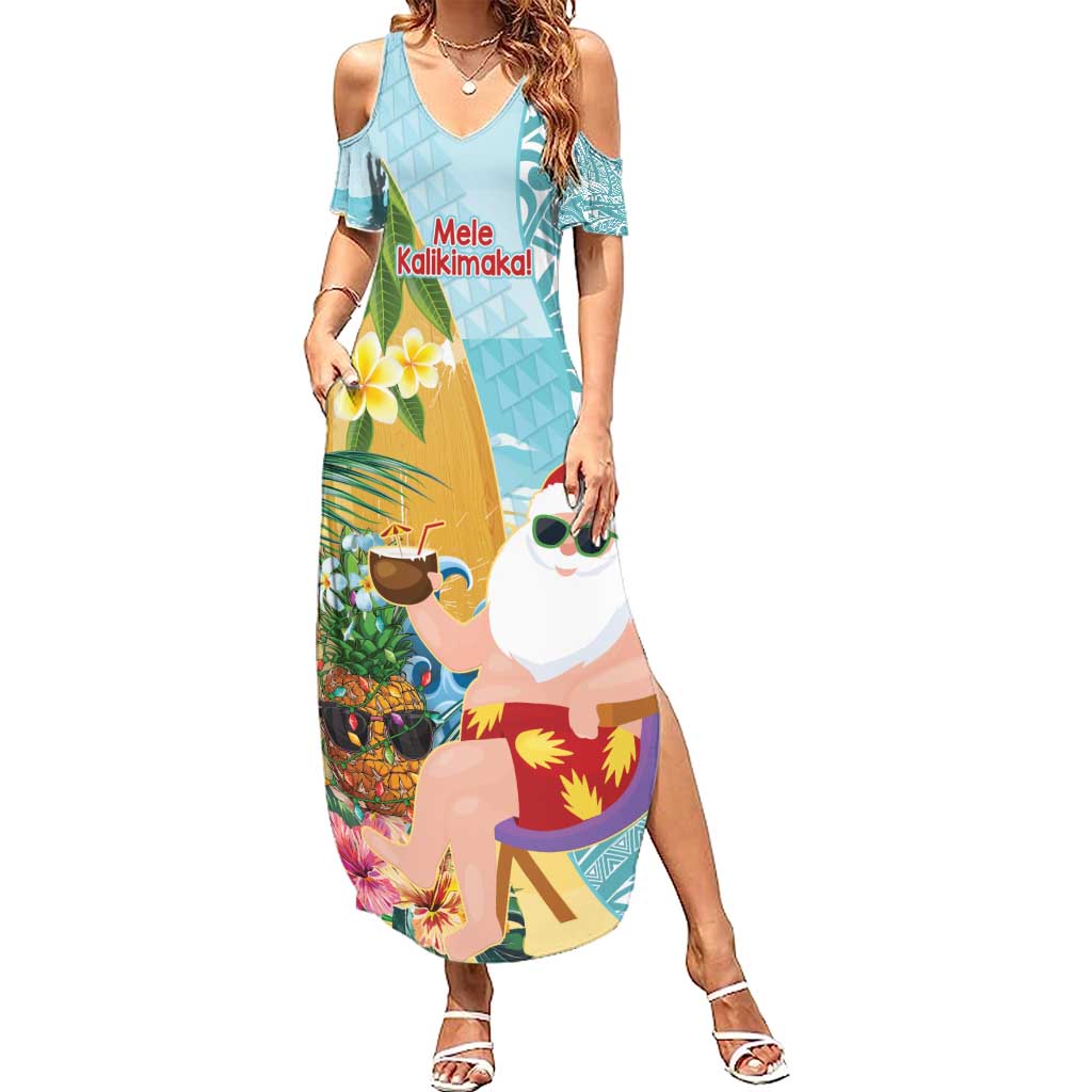 Aloha Hawaii Mele Kalikimaka Family Matching Summer Maxi Dress and Hawaiian Shirt Chilling Santa With Pineapple - Polynesian Pattern LT14 Mom's Dress Cyan - Polynesian Pride
