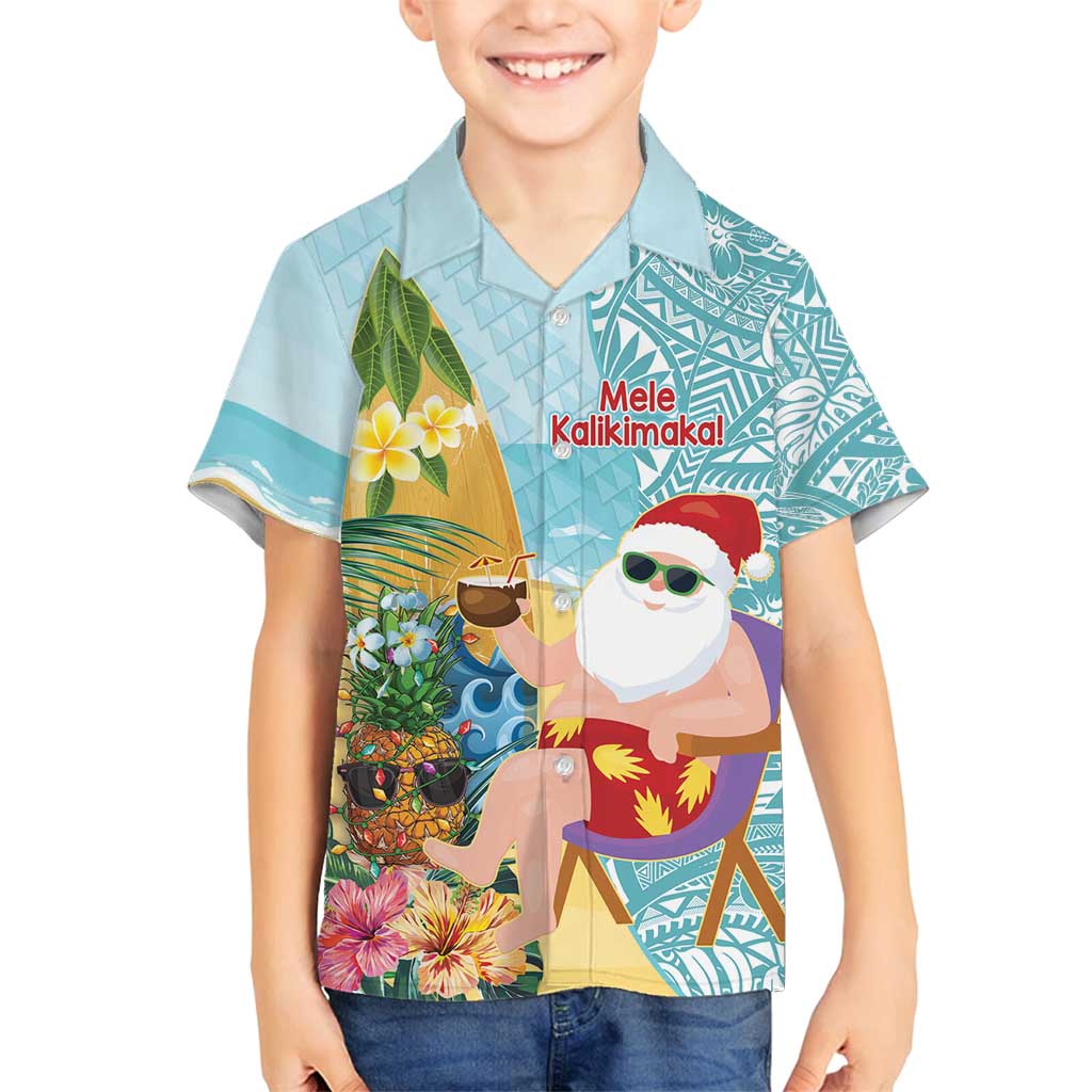 Aloha Hawaii Mele Kalikimaka Family Matching Summer Maxi Dress and Hawaiian Shirt Chilling Santa With Pineapple - Polynesian Pattern LT14 Son's Shirt Cyan - Polynesian Pride