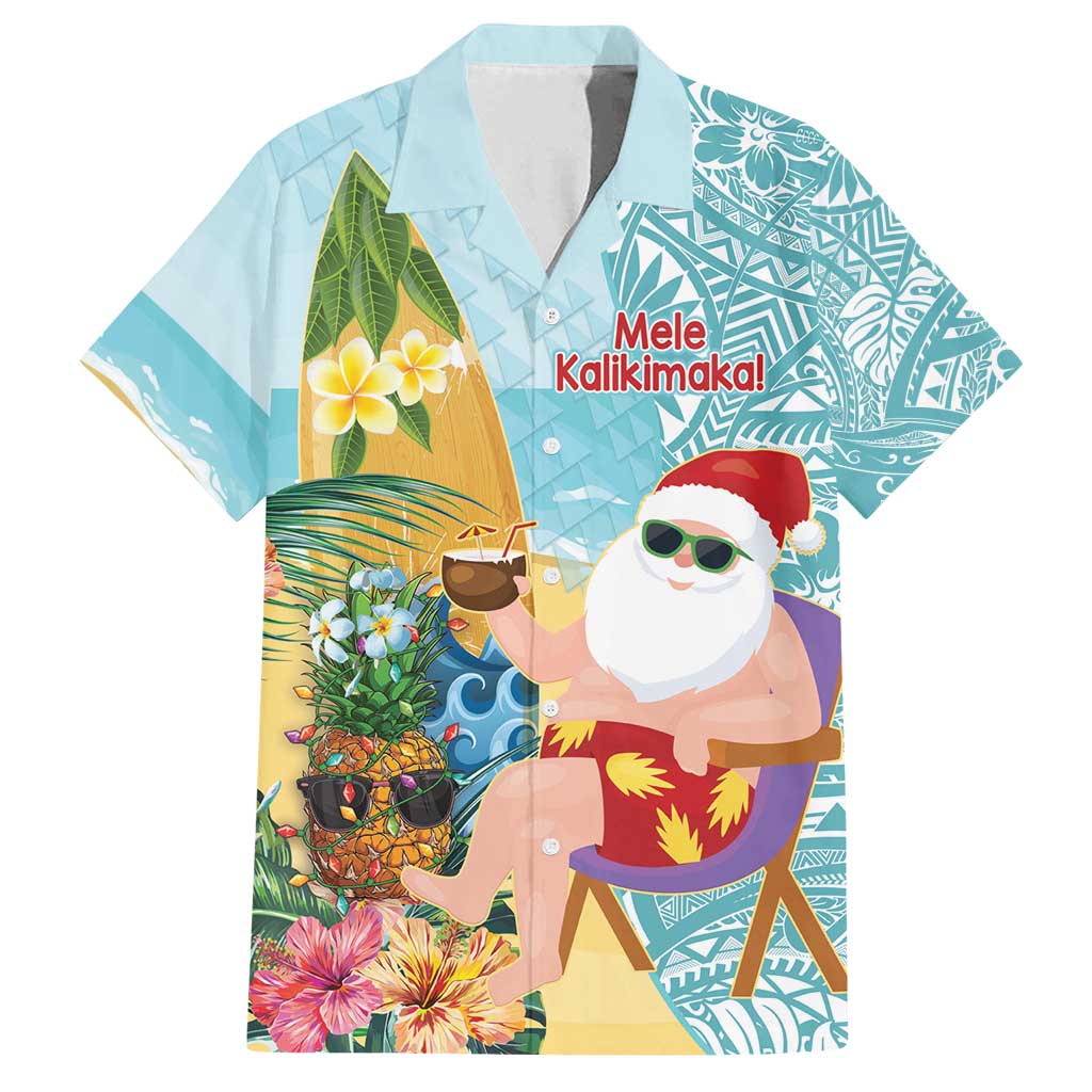 Aloha Hawaii Mele Kalikimaka Family Matching Tank Maxi Dress and Hawaiian Shirt Chilling Santa With Pineapple - Polynesian Pattern LT14 Dad's Shirt - Short Sleeve Cyan - Polynesian Pride