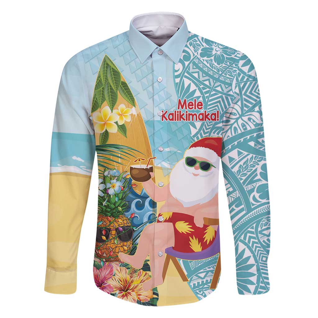 Aloha Hawaii Mele Kalikimaka Family Matching Tank Maxi Dress and Hawaiian Shirt Chilling Santa With Pineapple - Polynesian Pattern LT14 Dad's Shirt - Long Sleeve Cyan - Polynesian Pride