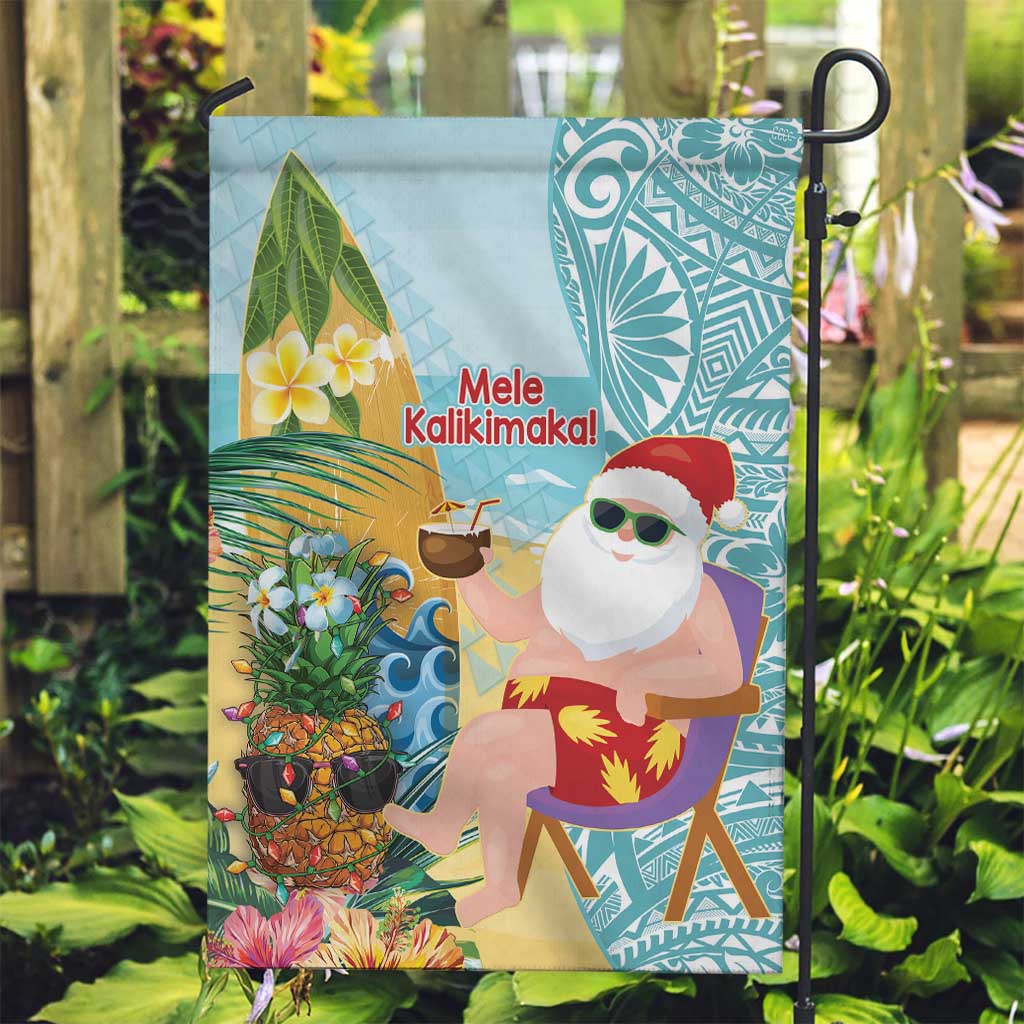 Aloha Hawaii Mele Kalikimaka Garden Flag Chilling Santa With Pineapple - Polynesian Pattern LT14 Garden Flag Cyan - Polynesian Pride