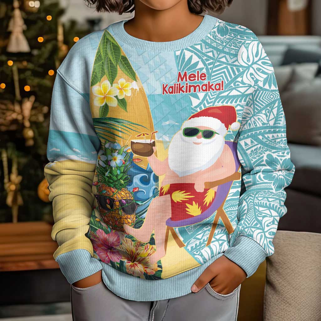 Aloha Hawaii Mele Kalikimaka Kid Ugly Christmas Sweater Chilling Santa With Pineapple - Polynesian Pattern