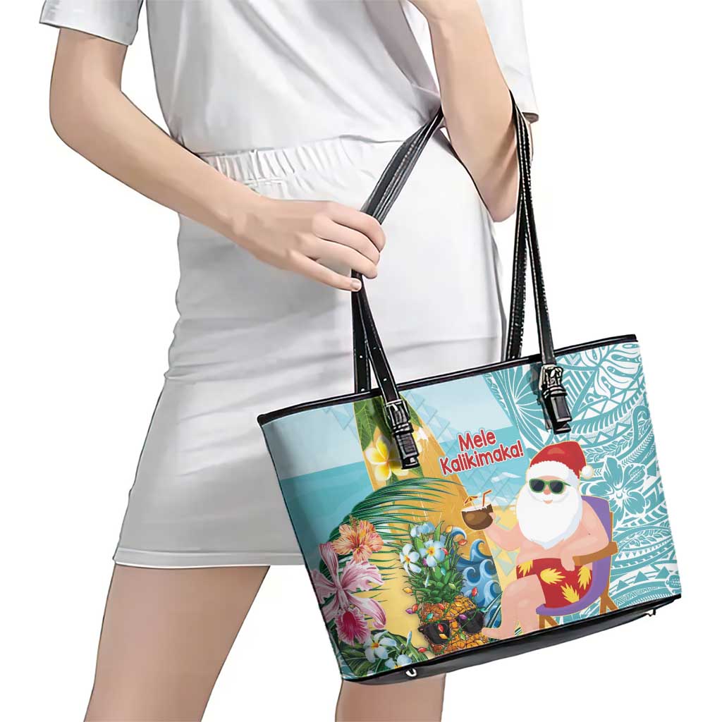 Aloha Hawaii Mele Kalikimaka Leather Tote Bag Chilling Santa With Pineapple - Polynesian Pattern