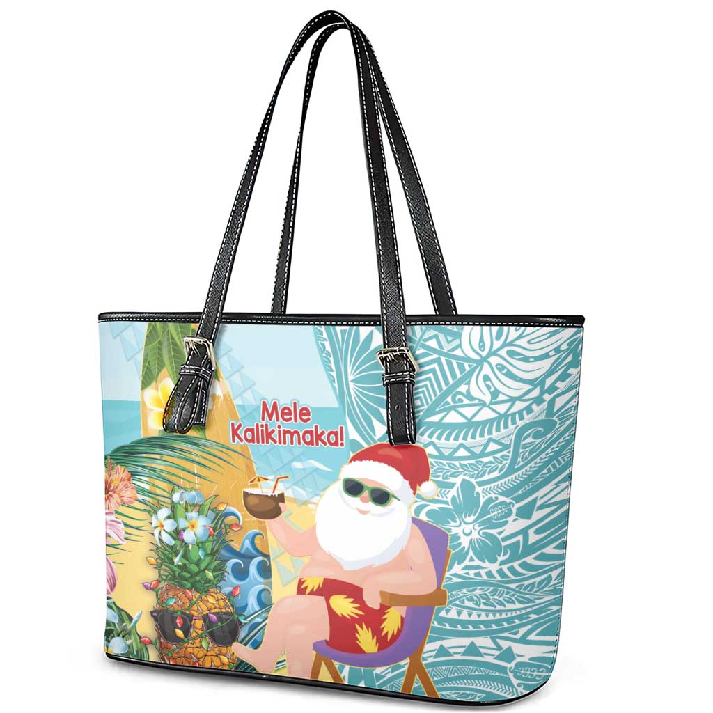 Aloha Hawaii Mele Kalikimaka Leather Tote Bag Chilling Santa With Pineapple - Polynesian Pattern