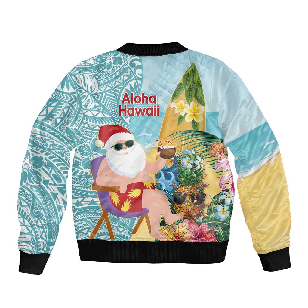 Aloha Hawaii Mele Kalikimaka Sleeve Zip Bomber Jacket Chilling Santa With Pineapple - Polynesian Pattern