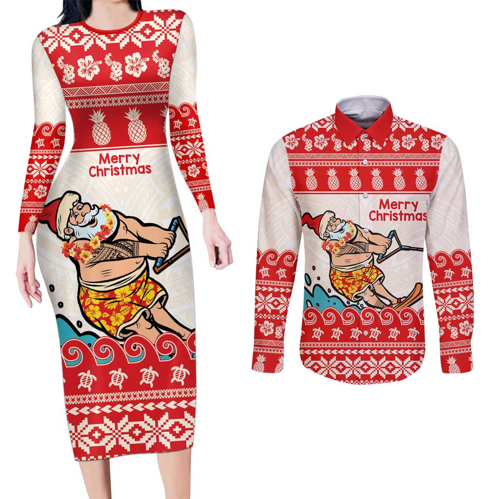 Mele Kalikimaka Hawaii Couples Matching Long Sleeve Bodycon Dress and Long Sleeve Button Shirt Water-skiing Santa Tropical Vibes LT14 Red - Polynesian Pride