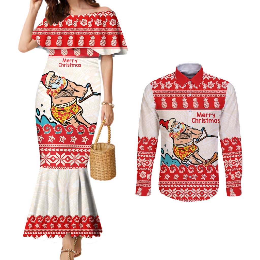 Mele Kalikimaka Hawaii Couples Matching Mermaid Dress and Long Sleeve Button Shirt Water-skiing Santa Tropical Vibes LT14 Red - Polynesian Pride