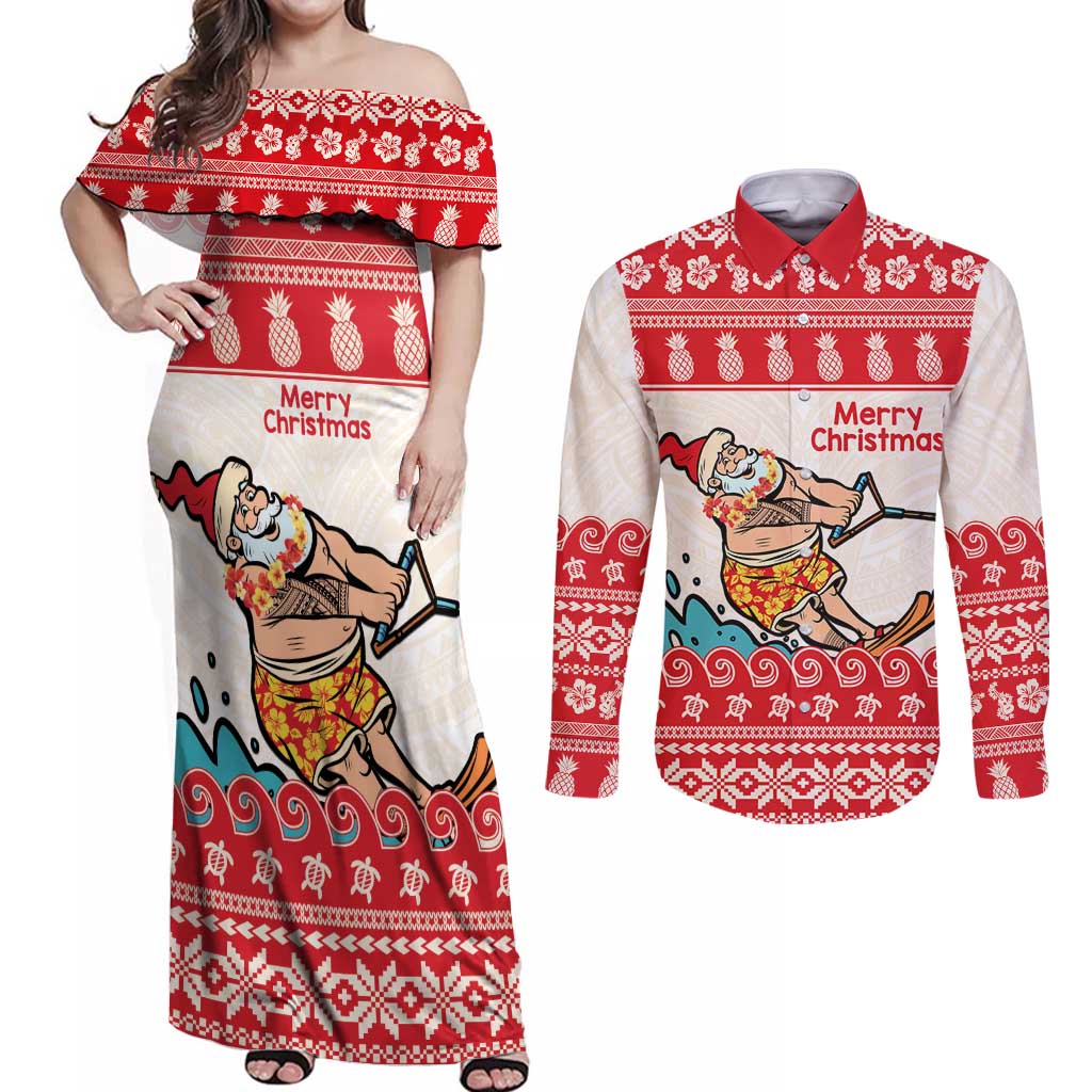 Mele Kalikimaka Hawaii Couples Matching Off Shoulder Maxi Dress and Long Sleeve Button Shirt Water-skiing Santa Tropical Vibes LT14 Red - Polynesian Pride