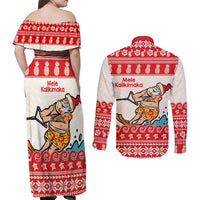 Mele Kalikimaka Hawaii Couples Matching Off Shoulder Maxi Dress and Long Sleeve Button Shirt Water-skiing Santa Tropical Vibes