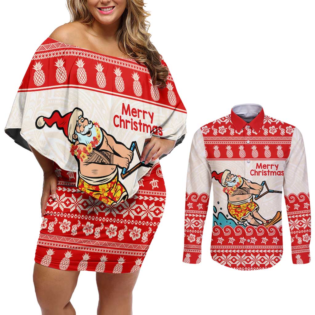 Mele Kalikimaka Hawaii Couples Matching Off Shoulder Short Dress and Long Sleeve Button Shirt Water-skiing Santa Tropical Vibes LT14 Red - Polynesian Pride