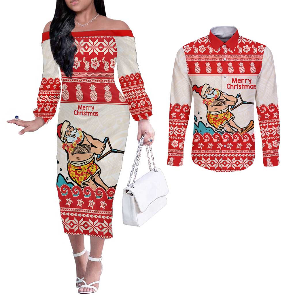 Mele Kalikimaka Hawaii Couples Matching Off The Shoulder Long Sleeve Dress and Long Sleeve Button Shirt Water-skiing Santa Tropical Vibes LT14 Red - Polynesian Pride