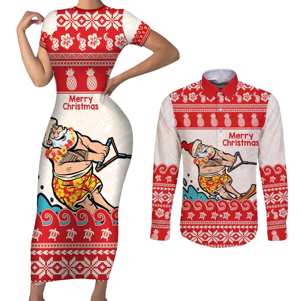 Mele Kalikimaka Hawaii Couples Matching Short Sleeve Bodycon Dress and Long Sleeve Button Shirt Water-skiing Santa Tropical Vibes LT14 Red - Polynesian Pride