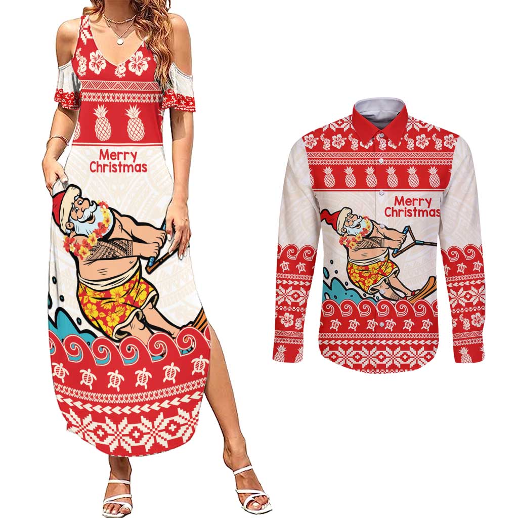 Mele Kalikimaka Hawaii Couples Matching Summer Maxi Dress and Long Sleeve Button Shirt Water-skiing Santa Tropical Vibes LT14 Red - Polynesian Pride