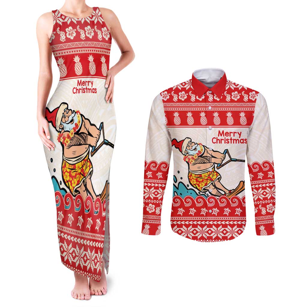 Mele Kalikimaka Hawaii Couples Matching Tank Maxi Dress and Long Sleeve Button Shirt Water-skiing Santa Tropical Vibes LT14 Red - Polynesian Pride