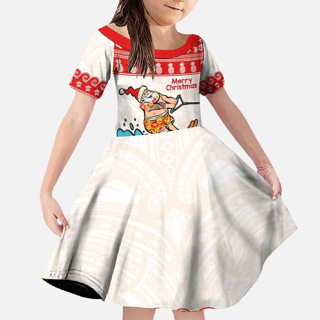 Mele Kalikimaka Hawaii Family Matching Mermaid Dress and Hawaiian Shirt Water-skiing Santa Tropical Vibes LT14 Daughter's Dress Red - Polynesian Pride