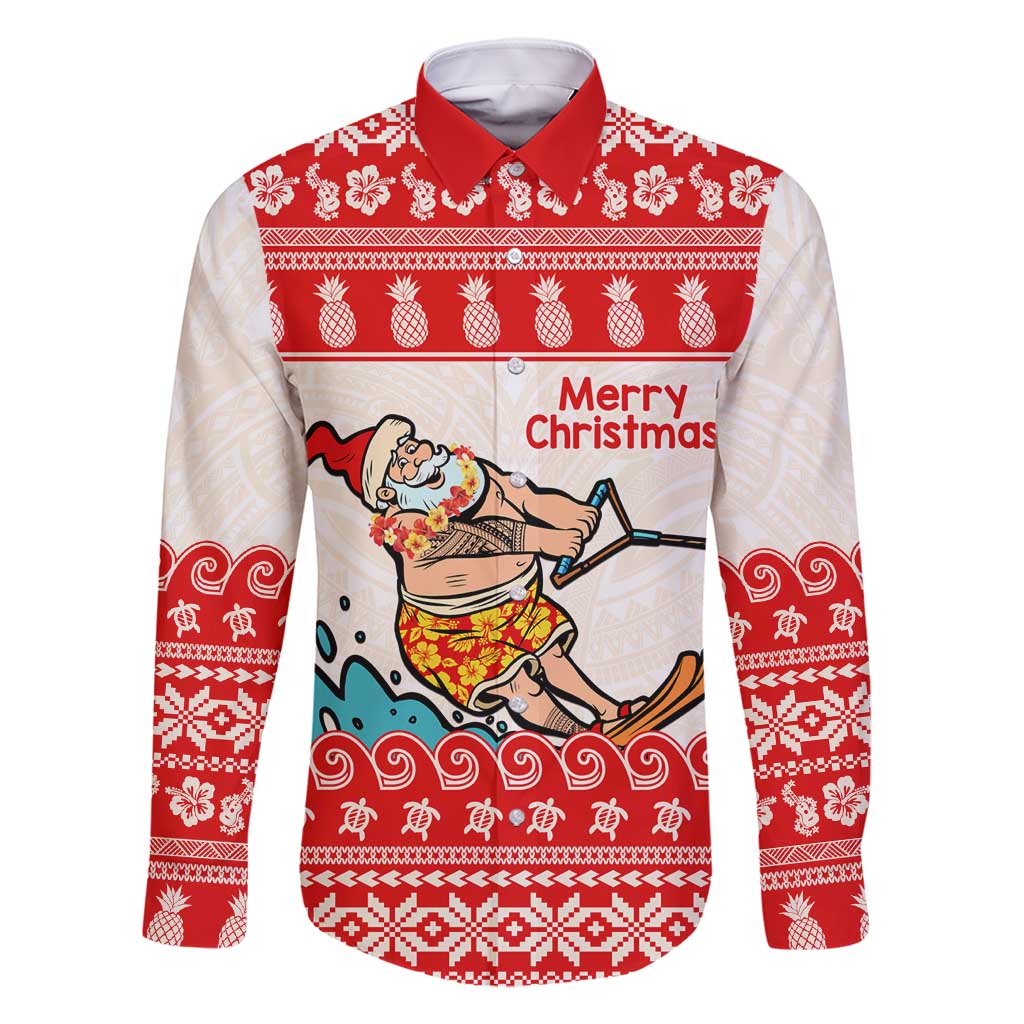 Mele Kalikimaka Hawaii Family Matching Mermaid Dress and Hawaiian Shirt Water-skiing Santa Tropical Vibes LT14 Dad's Shirt - Long Sleeve Red - Polynesian Pride