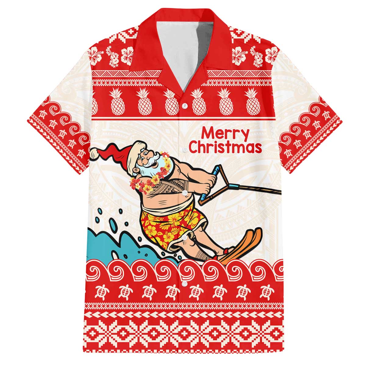 Mele Kalikimaka Hawaii Family Matching Off The Shoulder Long Sleeve Dress and Hawaiian Shirt Water-skiing Santa Tropical Vibes