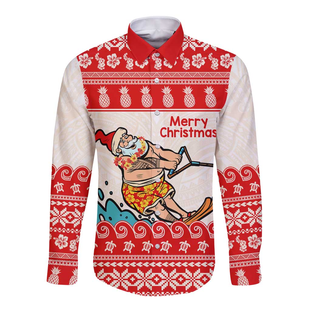 Mele Kalikimaka Hawaii Long Sleeve Button Shirt Water-skiing Santa Tropical Vibes LT14 Unisex Red - Polynesian Pride