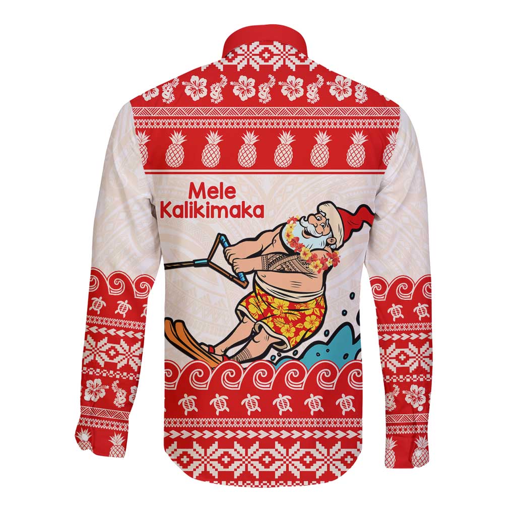 Mele Kalikimaka Hawaii Long Sleeve Button Shirt Water-skiing Santa Tropical Vibes