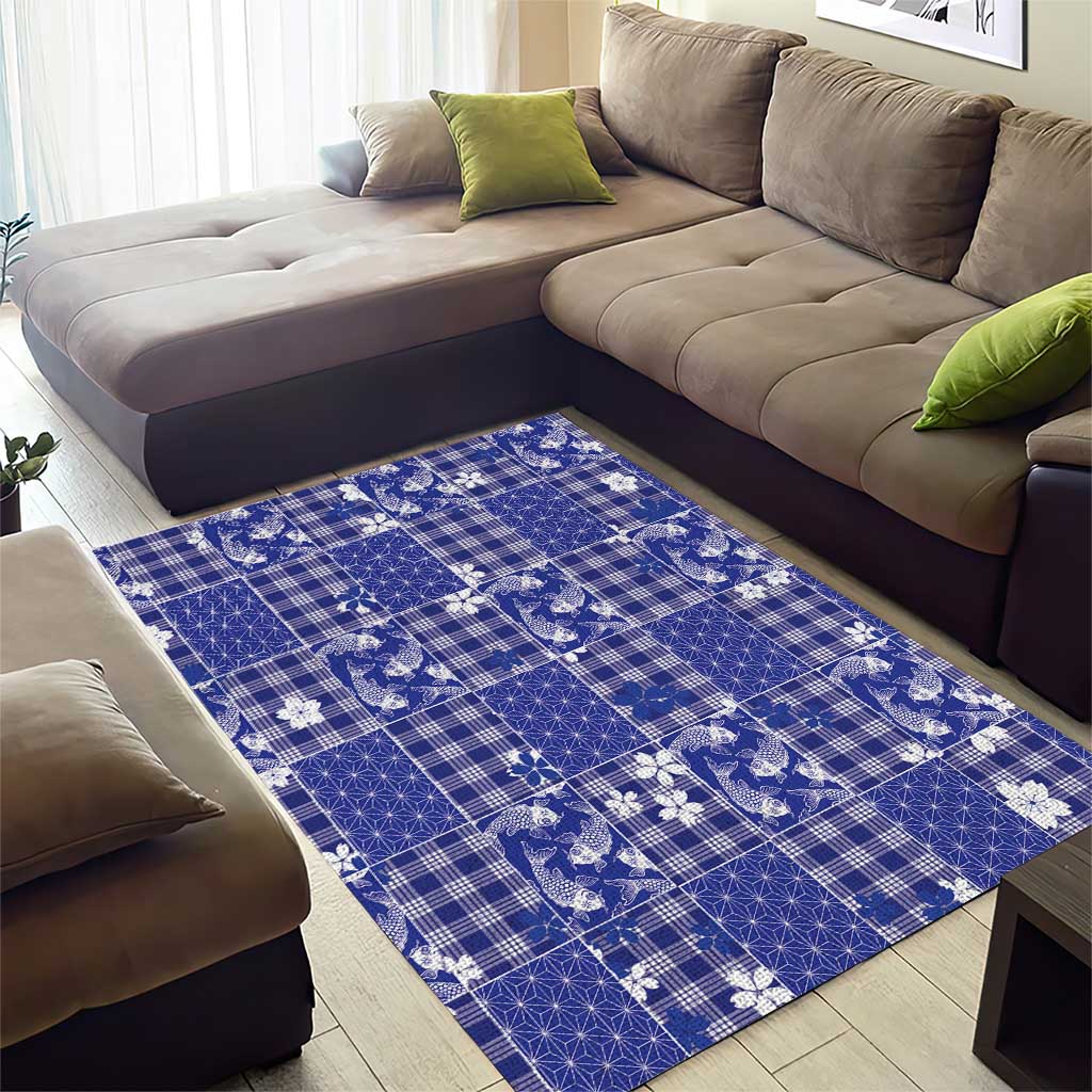 Blue Palaka Japanese Patterns Area Rug Koi Fish Asanoha Sakura Patchwork Stylized - Polynesian Pride