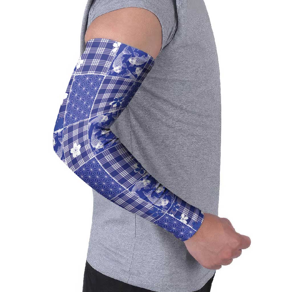 Blue Palaka Japanese Patterns Arm Sleeves Koi Fish Asanoha Sakura Patchwork Stylized - Polynesian Pride