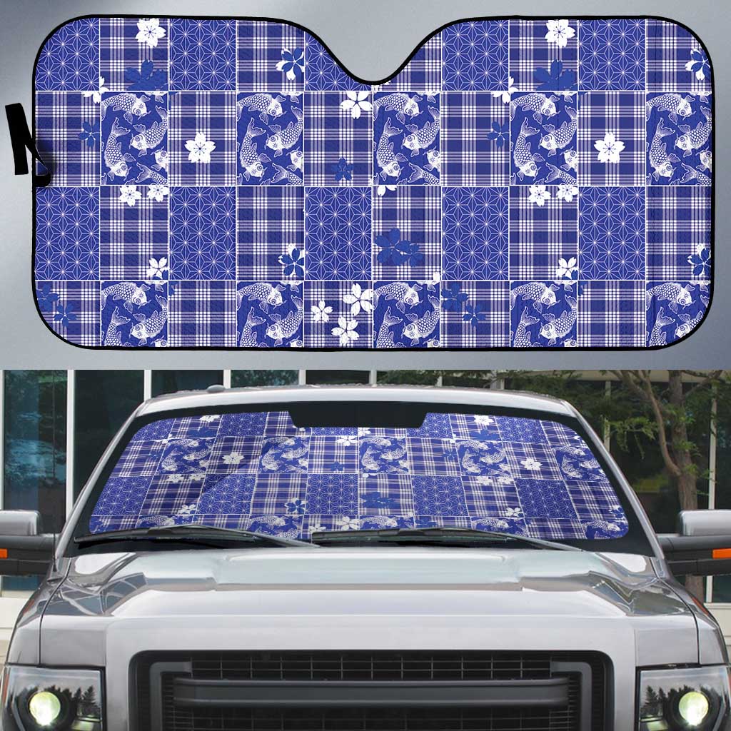 Blue Palaka Japanese Patterns Auto Sun Shade Koi Fish Asanoha Sakura Patchwork Stylized - Polynesian Pride