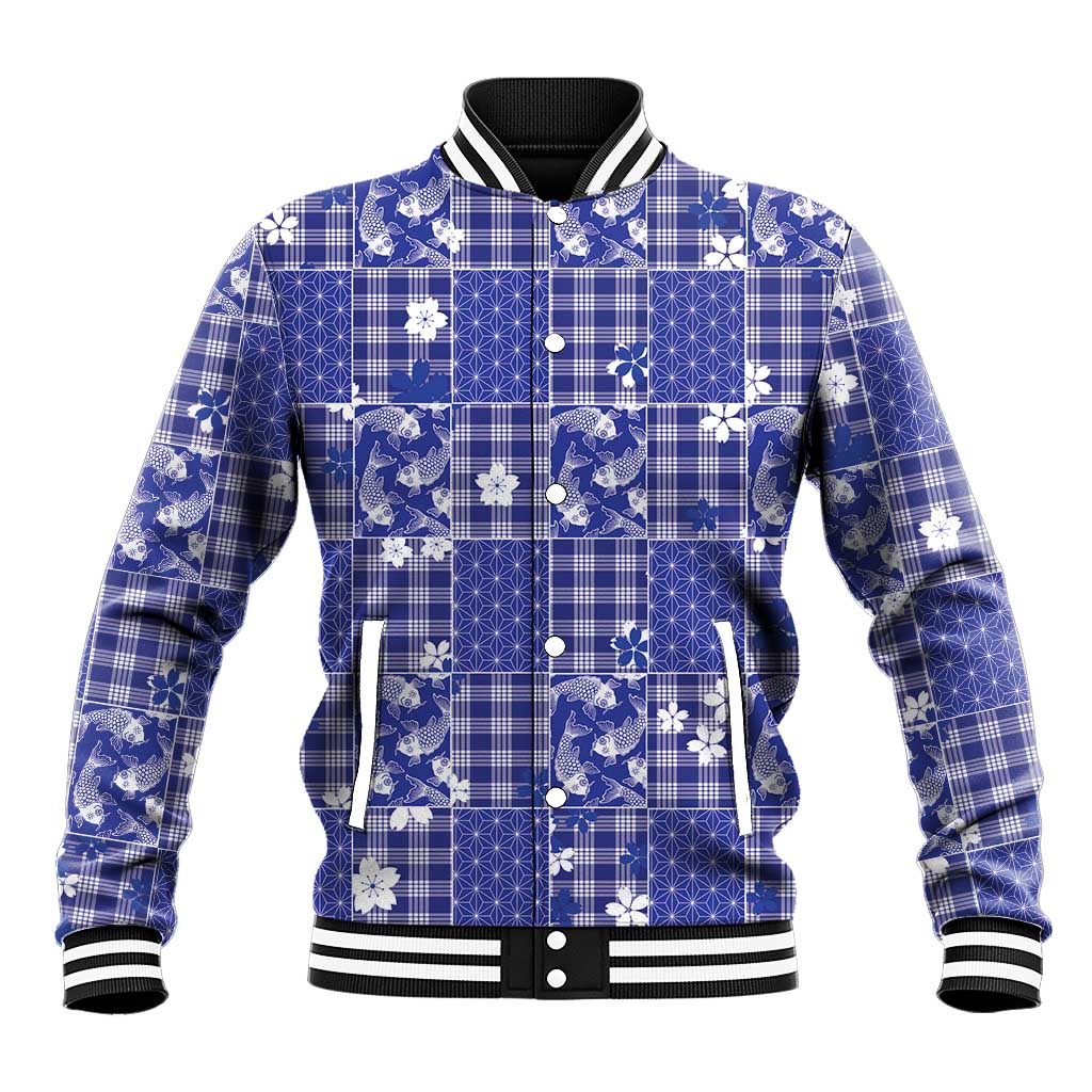 Blue Palaka Japanese Patterns Baseball Jacket Koi Fish Asanoha Sakura Patchwork Stylized LT14 Unisex Blue - Polynesian Pride
