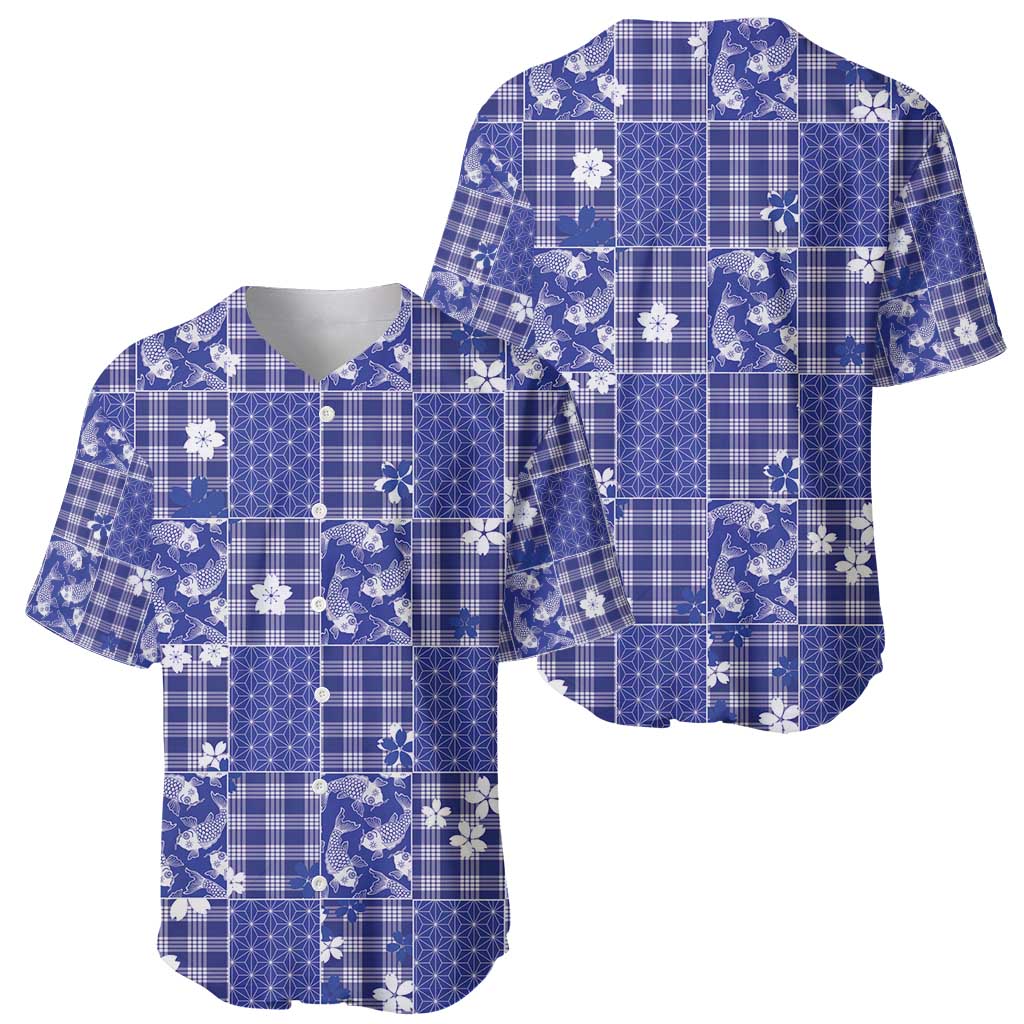 Blue Palaka Japanese Patterns Baseball Jersey Koi Fish Asanoha Sakura Patchwork Stylized - Polynesian Pride