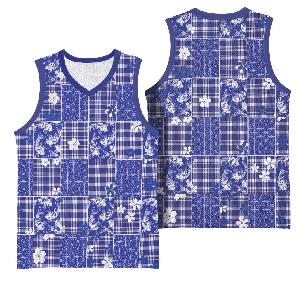Blue Palaka Japanese Patterns Basketball Jersey Koi Fish Asanoha Sakura Patchwork Stylized - Polynesian Pride