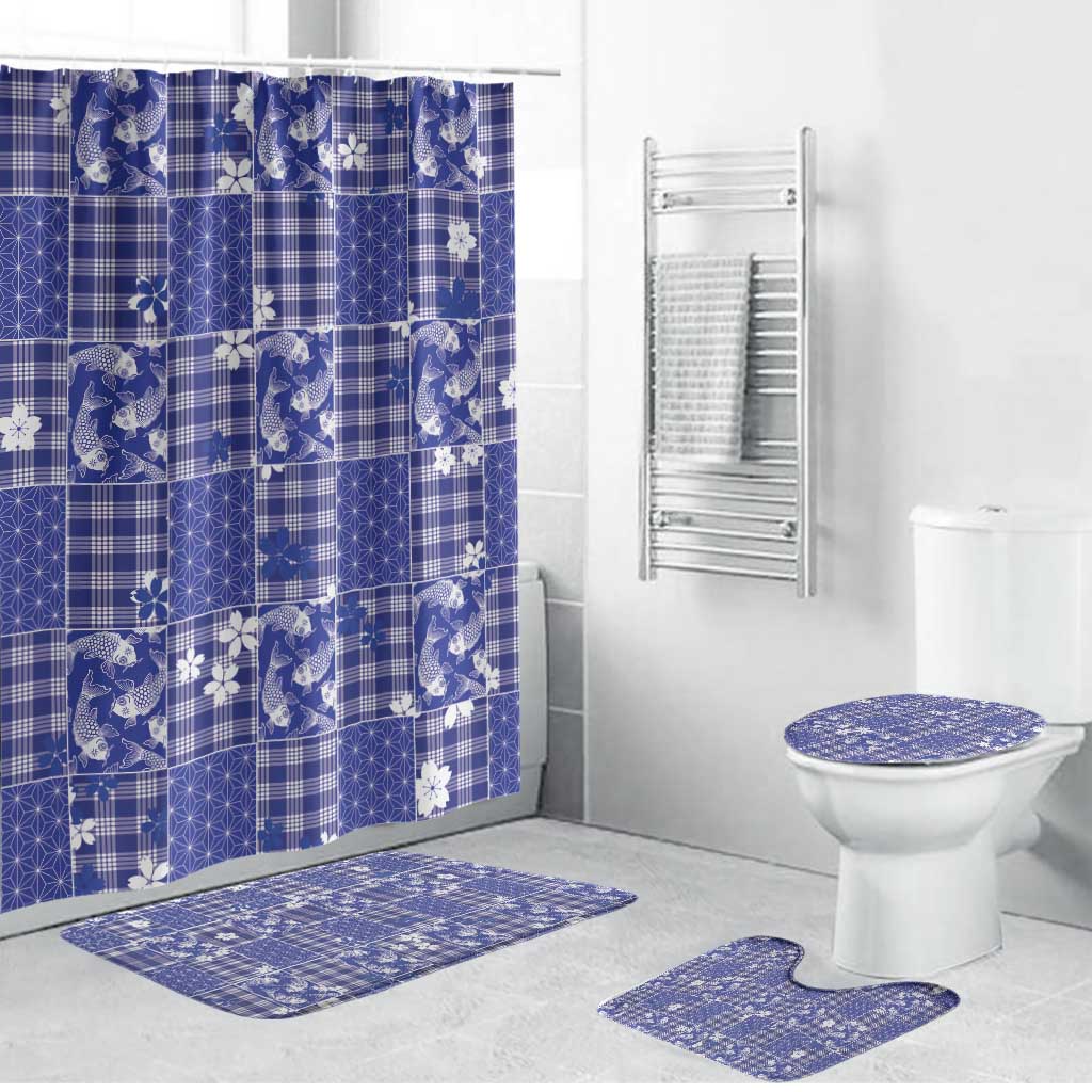 Blue Palaka Japanese Patterns Bathroom Set Koi Fish Asanoha Sakura Patchwork Stylized LT14 Bathroom Set (4 pcs) Blue - Polynesian Pride