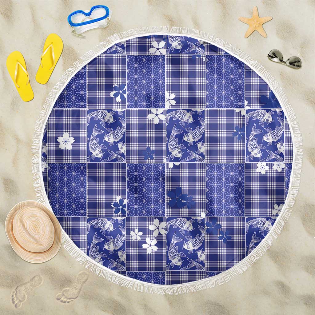 Blue Palaka Japanese Patterns Beach Blanket Koi Fish Asanoha Sakura Patchwork Stylized - Polynesian Pride